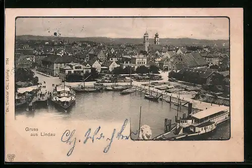 AK Lindau i. B., Hafen mit Dampfern und Blick über die Stadt