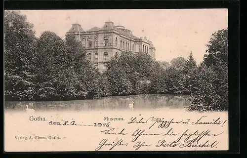 AK Gotha, Schwäne auf dem Wasser vor dem Museum