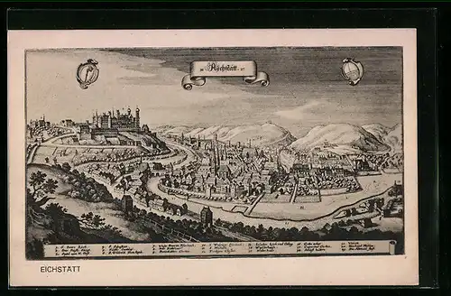 Künstler-AK Eichstätt, Ortsansicht aus der Vogelschau, 1627
