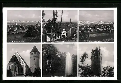 AK Kaufbeuren, Gesamtansicht und Panorama, Blasiuskirche, Jordananlage, Fünfknopf-Turm