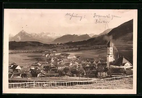 AK Nesselwang, Ortsansicht mit Sauling und Zugspitze