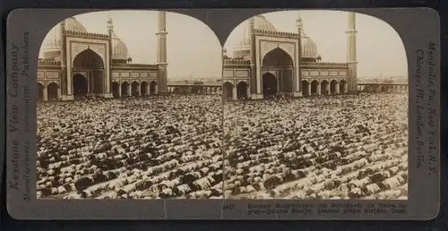 Stereo-Fotografie Keystone View Co., Meadville, Ansicht Delhi, fromme Mohamedaner zum Gebet an der Jama Masjid Moschee