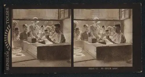 Stereo-Fotografie Sunbeam Tours Ltd., London, Opium Händler in seinem Geschäft beim Abfüllen, Englischer Kolonialist