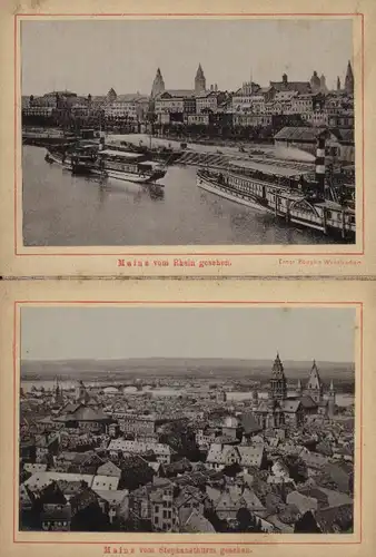 Leporello-Album Mainz mit 12 Fotografien, Ansicht Mainz, Eisenbahnbrücke, Gutenbergplatz, Stadthalle, Lagerhaus Hafen