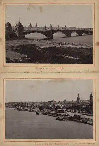 Leporello-Album Mainz mit 12 Fotografien, Ansicht Mainz, Eisenbahnbrücke, Gutenbergplatz, Stadthalle, Lagerhaus Hafen