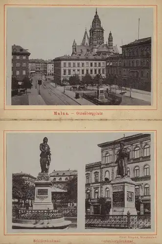 Leporello-Album Mainz mit 12 Fotografien, Ansicht Mainz, Eisenbahnbrücke, Gutenbergplatz, Stadthalle, Lagerhaus Hafen