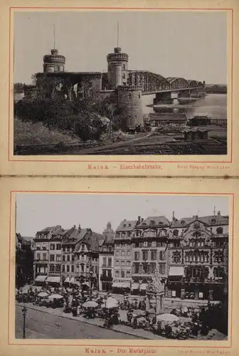 Leporello-Album Mainz mit 12 Fotografien, Ansicht Mainz, Eisenbahnbrücke, Gutenbergplatz, Stadthalle, Lagerhaus Hafen