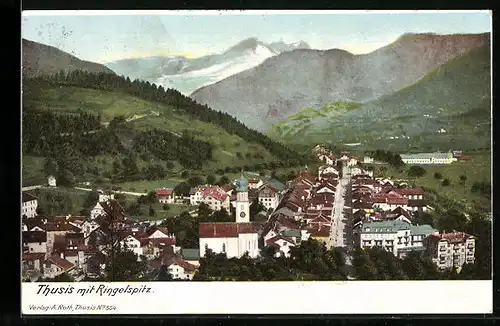 AK Thusis, Die Ortschaft mit dem Ringelspitz im Hintergrund