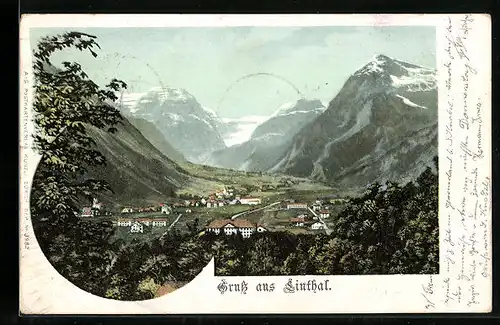 Lithographie Linthal, Ortsansicht mit Bergpanorama