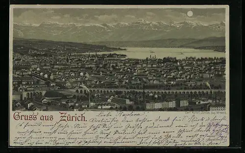 Mondschein-AK Zürich, Ortsansicht aus der Vogelschau