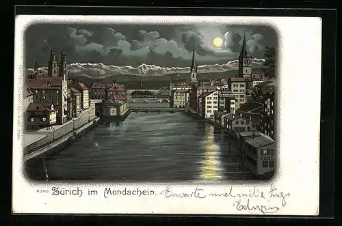 Mondschein-AK Zürich, Gebäudepartie am Fluss
