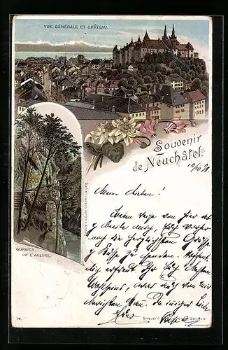 Lithographie Neuchâtel, Vue générale et Château, Gorges de l`Areuse
