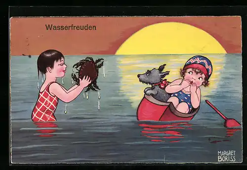 Künstler-AK Margret Boriss: Junge fängt einen Krebs, Mädchen und Hund im Boot