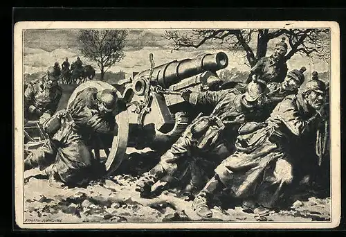 Künstler-AK Anton Hoffmann - München: Soldaten bringen schwere Feldhaubitze