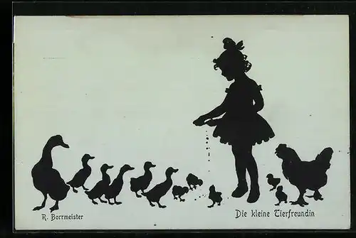 Künstler-AK R. Borrmeister: Mädchen füttert Enten und Hühner