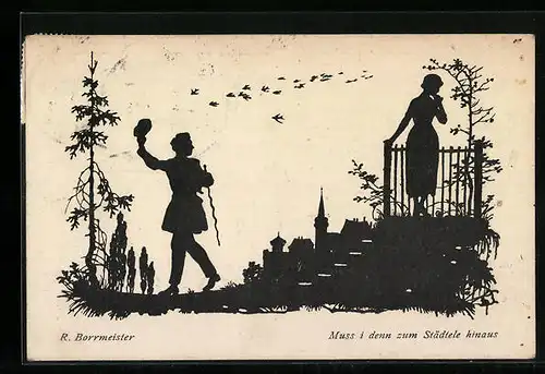 Künstler-AK R. Borrmeister: Muss I denn zum Städtele hinaus, Mann geht auf Wanderschaft