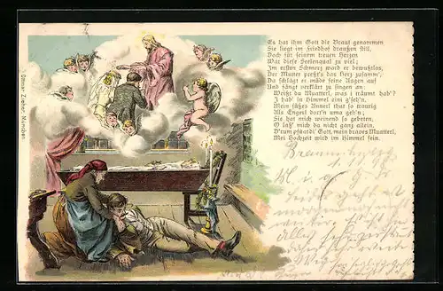 Lithographie Trauernder und verstorbene Braut, Eheschliessung im Himmel