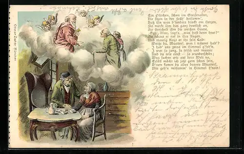 Lithographie Älteres Paar am Tisch und Bei Petrus mit Englein