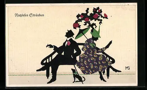 Künstler-AK Marte Graf: Nutzloses Sträuben, Ein Paar auf einer Bank