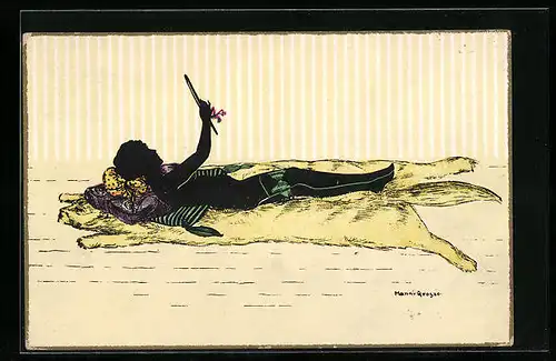 Künstler-AK Manni Grosze: Schattenbild Fräulein mit Handspiegel liegt auf einem Bärenfell
