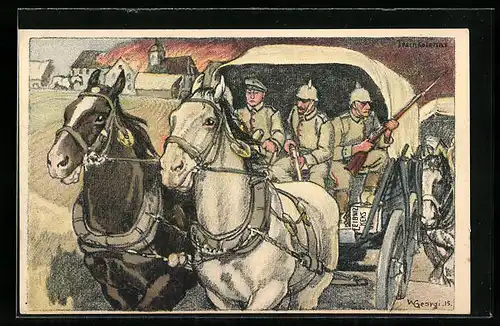 Künstler-AK Walter Georgi: Soldaten mit Pferdegespann, Reklame für Leibniz-Kekse