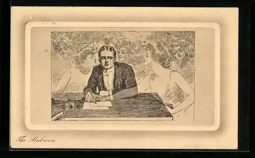 Künstler-AK Charles Dana Gibson: Mann umgeben von hübschen Frauen