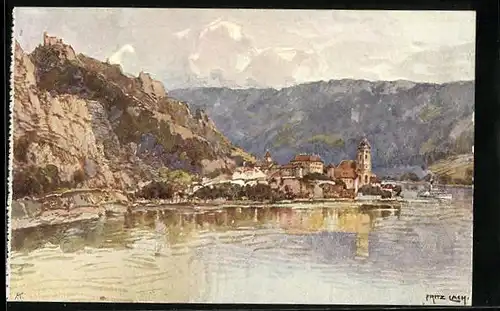 Künstler-AK Fritz Lach: Dürnstein a. D., Ortsansicht vom Fluss aus