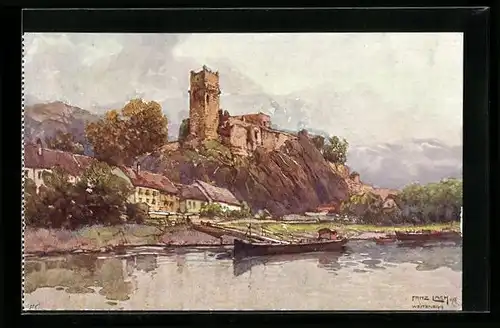 Künstler-AK Fritz Lach: Weitenegg a. D., Ortsansicht mit Lastkähnen