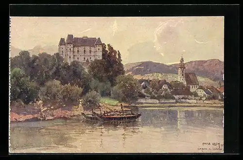 Künstler-AK Fritz Lach: Grein /Donau, Flusspartie mit Schloss Greinburg