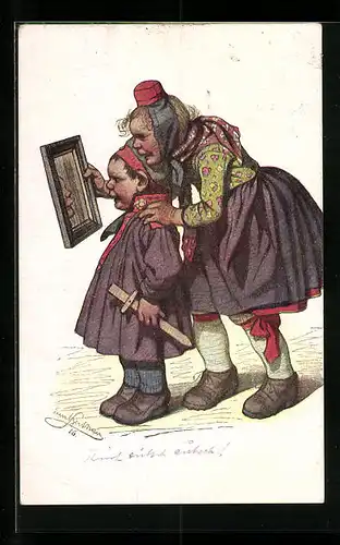 Künstler-AK Emil Beithan: Hessin und kleiner Bruder schauen in den Spiegel