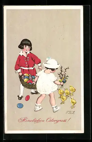 Künstler-AK Fritz Baumgarten: Ostergruss, Mädchen mit Korb voller Ostereier und Osterküken