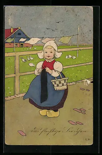 Künstler-AK Fritz Baumgarten: Kleines holländisches Mädchen beim Stricken