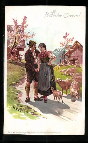 Künstler-AK E. Döcker: Mann hält die Hand der Schafhirtin