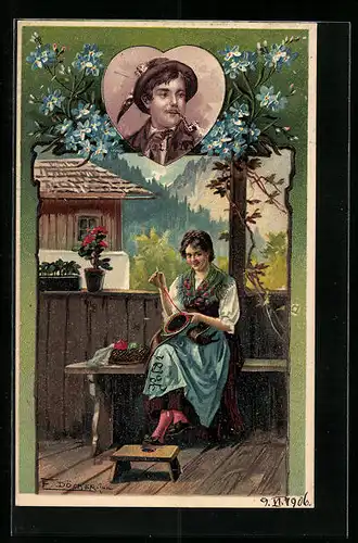 Künstler-AK E. Döcker: Junge Frau bei der Handarbeit denkt an ihren Liebsten