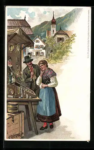 Künstler-AK E. Döcker: Lied der Liebe - Junges Paar am Verkaufsstand