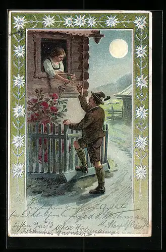 Künstler-AK E. Döcker: Mann schenkt Frau Blumen in einer Vollmondnacht