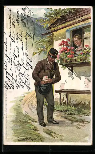 Künstler-AK E. Döcker: Postbote bei Zustellung von Briefen
