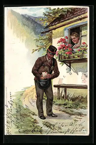 Künstler-AK E. Döcker: Postbote bei Zustellung von Briefen