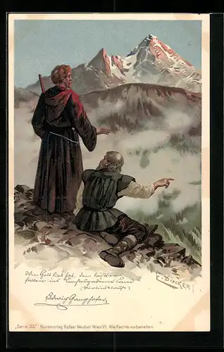 Künstler-AK E. Döcker: Mönch und Mann auf einem Berg