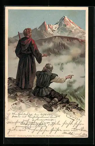 Künstler-AK E. Döcker: Mönch und Mann auf einem Berg