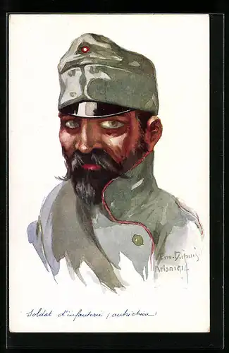 Künstler-AK Em. Dupuis: Soldat in grauer Uniform mit Mütze, Soldat d`infanterie autrichien