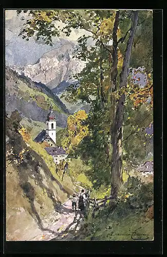 Künstler-AK Edward Harrison Compton: Ramsau, Teilansicht mit Feldweg