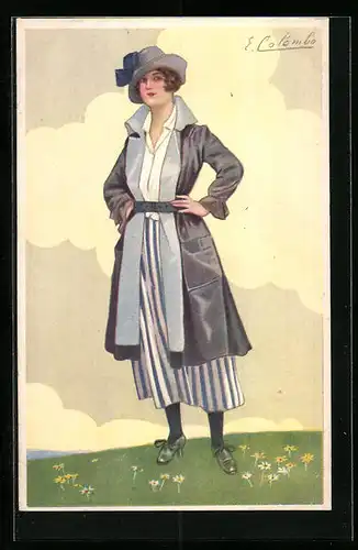Künstler-AK E. Colombo: Dame mit Hut in gestreiften Rock