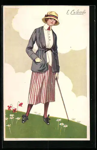 Künstler-AK E. Colombo: Dame mit Spazierstock auf der Wiese