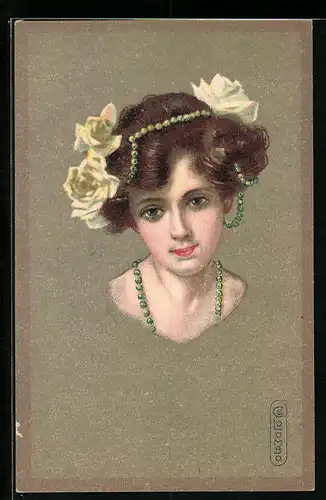Künstler-AK E. Colombo: Junge Frau mit weissen Rosen und grünen Perlen im Haar