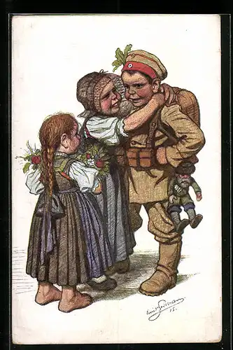 Künstler-AK Emil Beithan: Junge in Uniform wird von seiner Familie an die Front verabschiedet