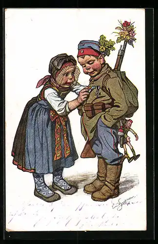Künstler-AK Emil Beithan: Frau bewundert Orden ihres heimgekehrten Soldaten