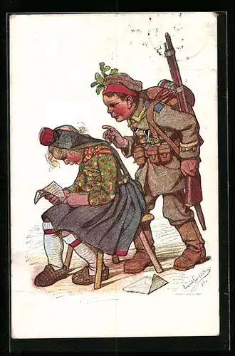 Künstler-AK Emil Beithan: Mädchen in Tracht mit Soldat und Eisernem Kreuz