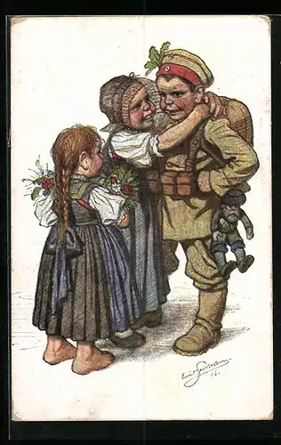 Künstler-AK Emil Beithan: Junge in Uniform wird von seiner Familie an die Front verabschiedet