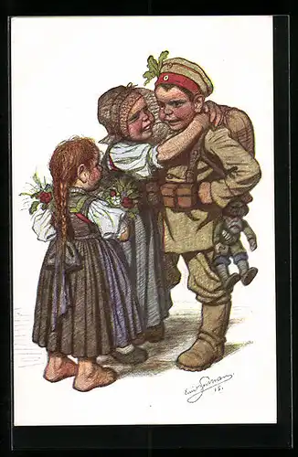 Künstler-AK Emil Beithan: Junge in Uniform wird von seiner Familie an die Front verabschiedet